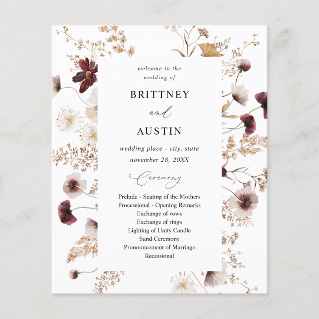 Budget Fall Wildflowers Floral Wedding Ceremony Flyer (Front)