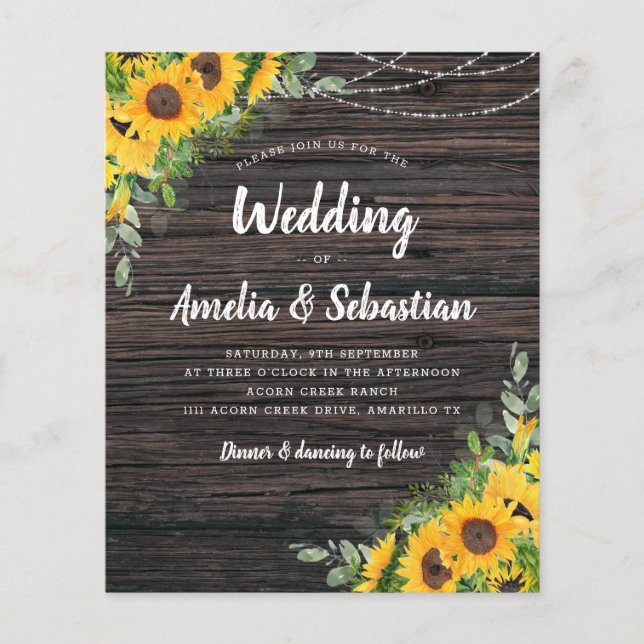 BUDGET Fall Wood Sunflower Wedding Invitation (Front)