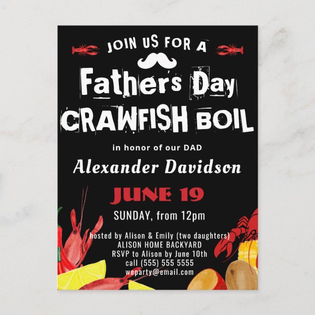 BUDGET FATHER'S DAY Photo Crawfish Boil Invitation Postcard (Front)