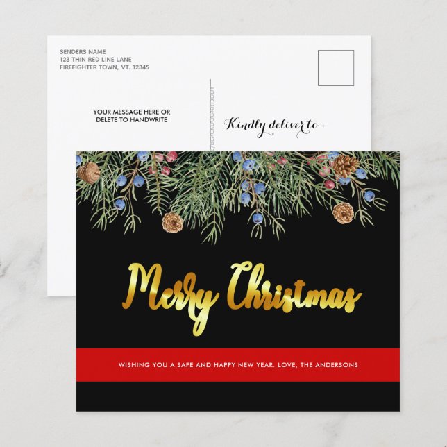 Budget Firefighter Christmas Red Line Postcard (Front/Back)
