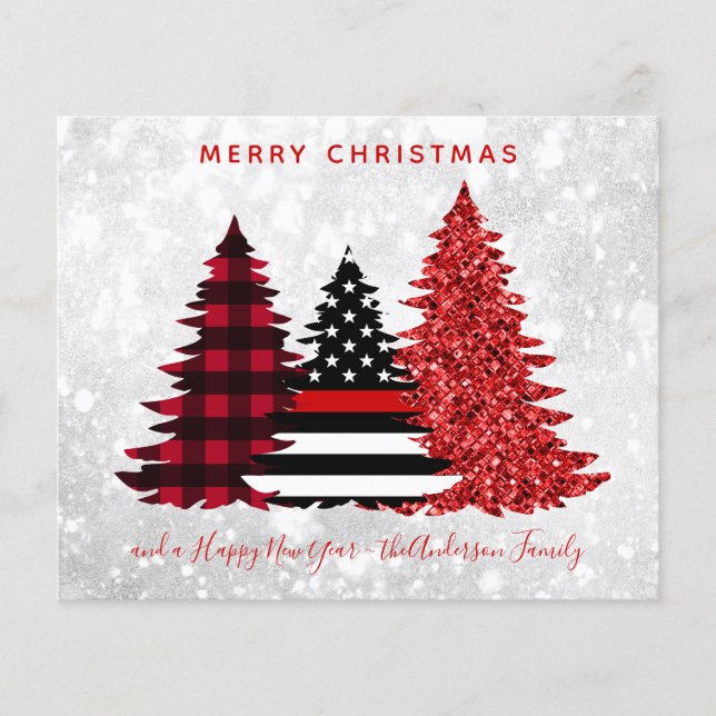 Budget Firefighter Christmas Tree Red Plaid Card (Front)