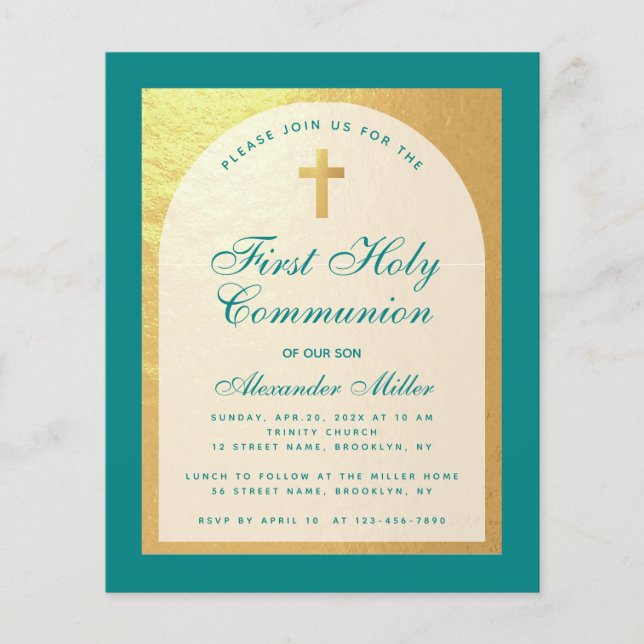 Budget First Communion Faux Gold Teal Invitation (Front)