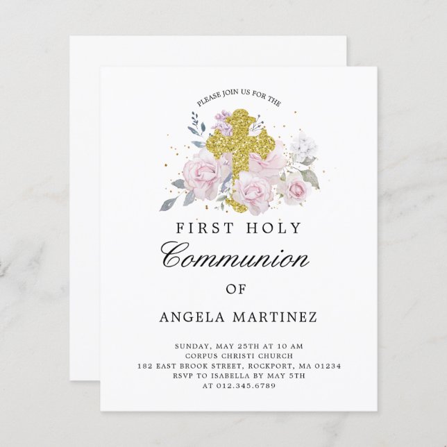 Budget First Communion Pink Floral Invitation (Front/Back)
