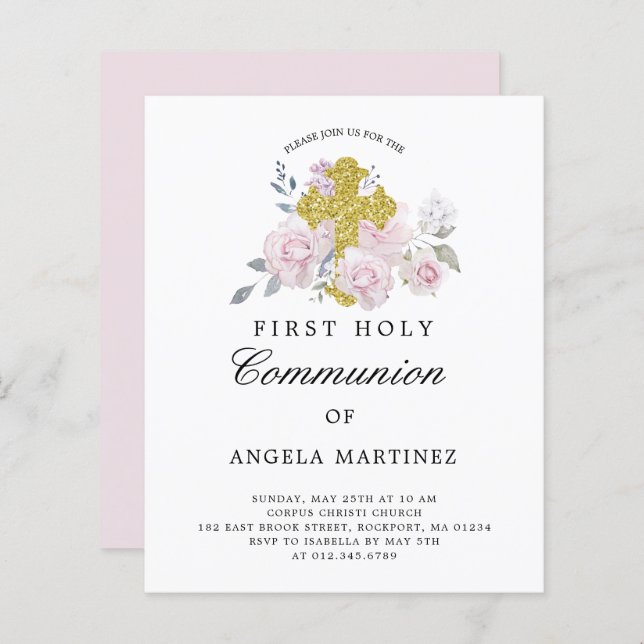Budget First Communion Pink Floral Invitation (Front/Back)