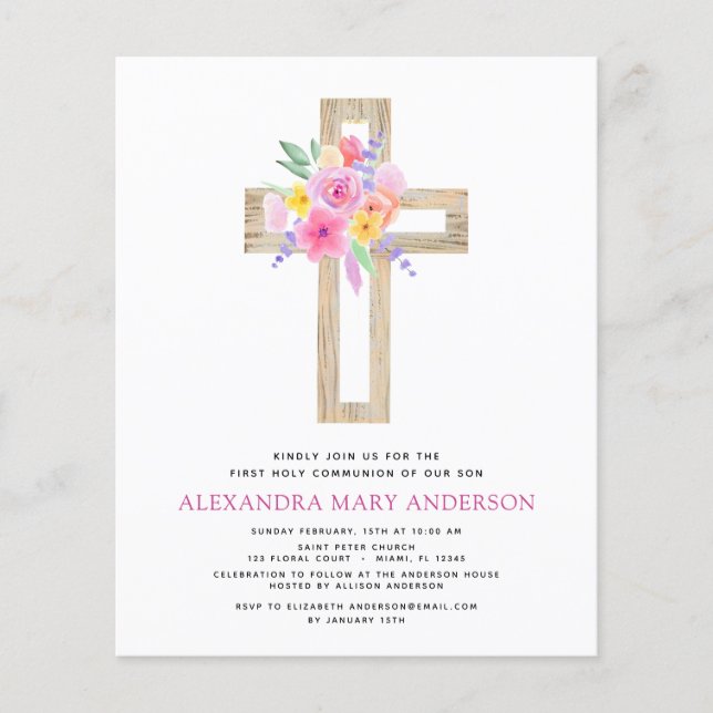 Budget First Holy Communion Pastel Floral Pink Flyer (Front)