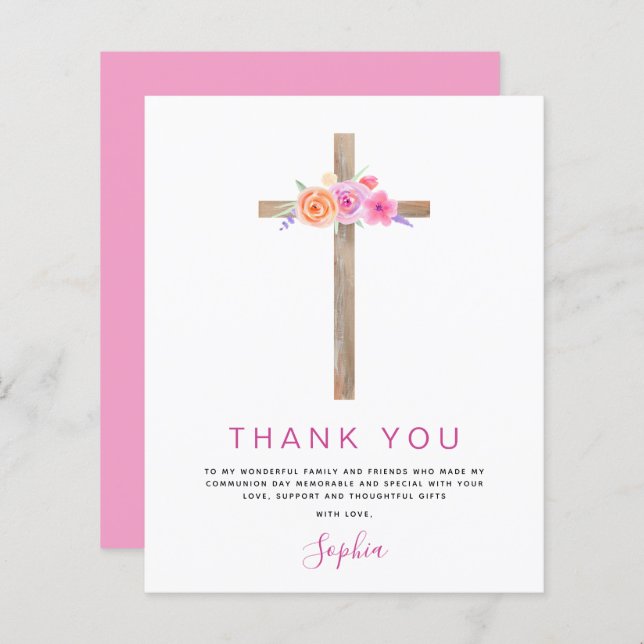Budget First Holy Communion Thank You Floral Pink (Front/Back)