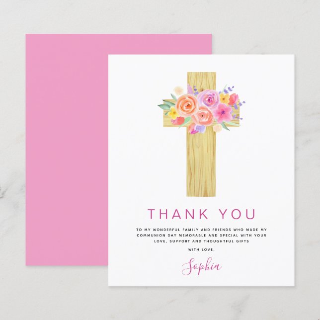 Budget First Holy Communion Thank You Floral Pink (Front/Back)