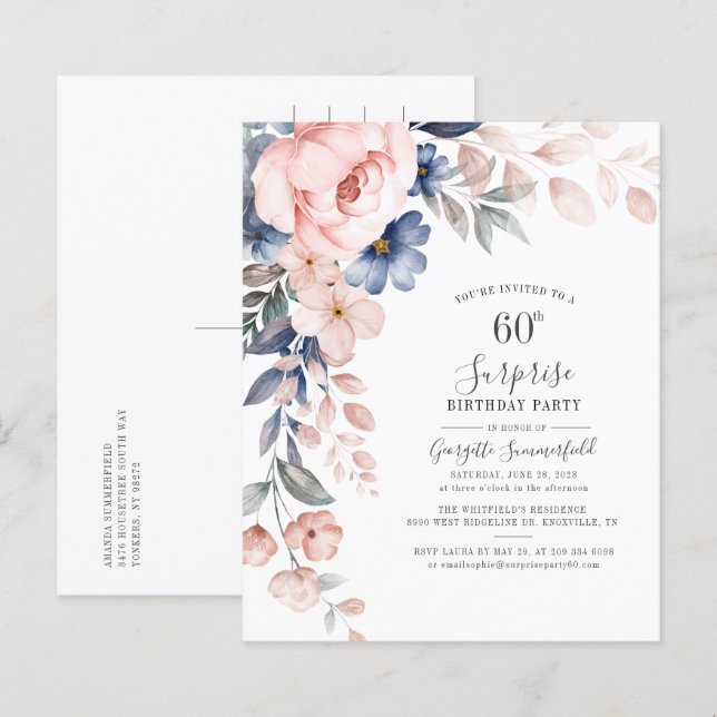 Budget Floral 60th Birthday Pink Script Invitation (Front/Back)