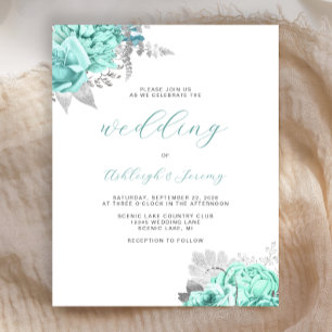 Budget Floral Aqua Silver Script Wedding Invite