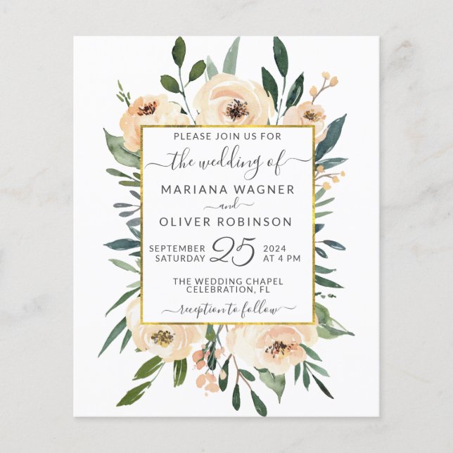 Budget Floral Beige Gold Black Wedding Invitation Flyer (Front)