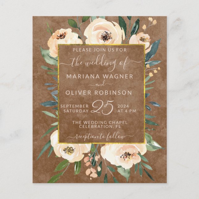 Budget Floral Beige Gold Brown Wedding Invitation (Front)