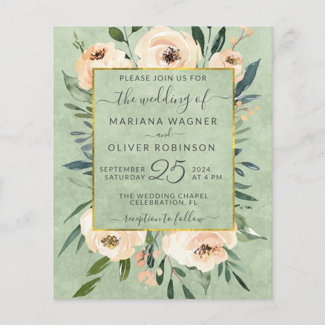 Budget Floral Beige Gold Green Wedding Invitation (Front)