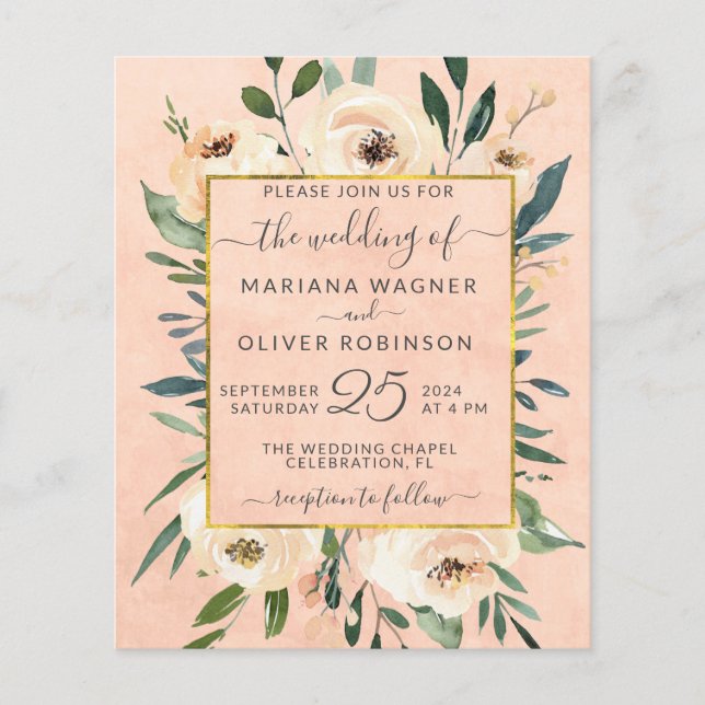 Budget Floral Beige Gold Pink Wedding Invitation Flyer (Front)