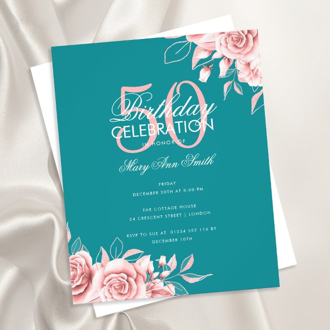 Budget Floral Birthday Party Rose Gold & Teal  Flyer (Creator Uploaded)