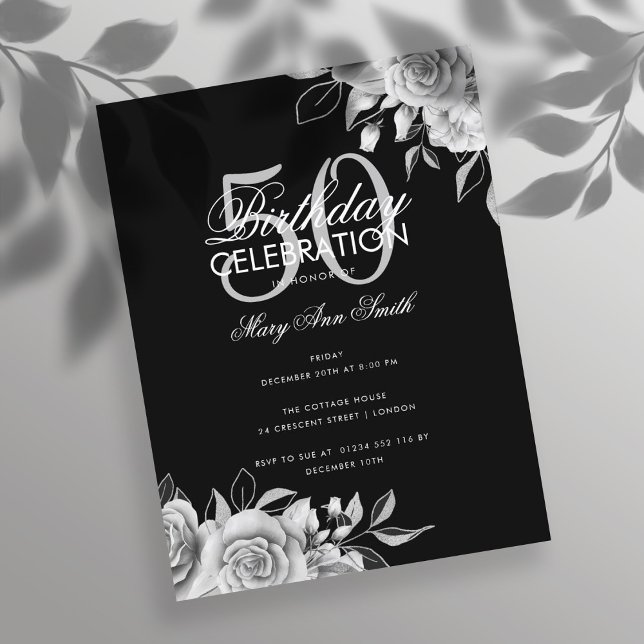 Budget Floral Birthday Party Silver & Black Postcard (Creator Uploaded)