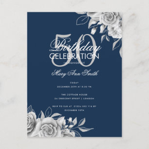 Budget Floral Birthday Party Silver & Navy Postcard