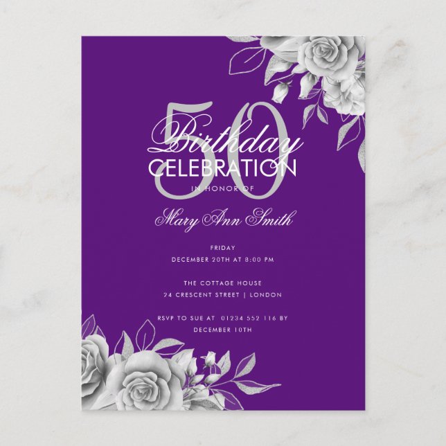 Budget Floral Birthday Party Silver & Purple  Postcard (Front)
