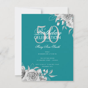 Budget Floral Birthday Party Silver Teal Invitation