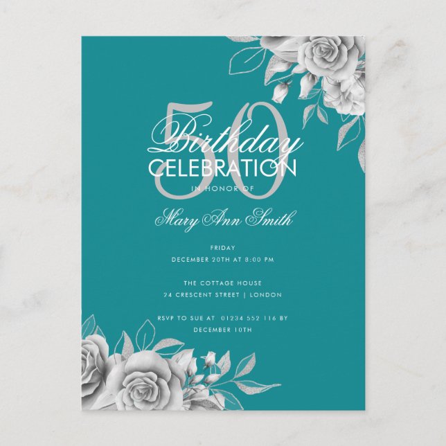 Budget Floral Birthday Party Silver & Teal  Postcard (Front)