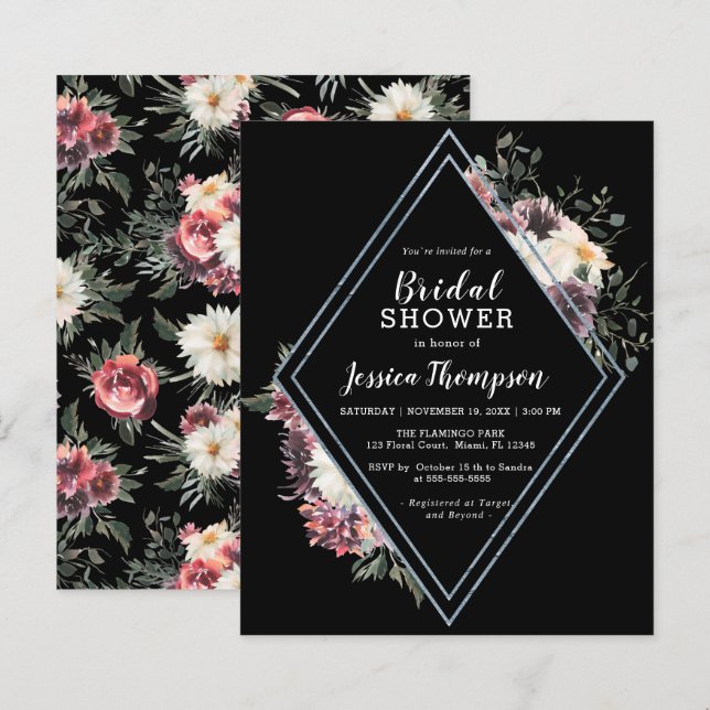  Budget Floral Black Bridal Shower Invitation (Front/Back)