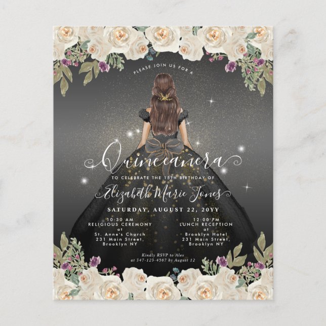 Budget Floral Black Grey Gold Princess Quinceanera (Front)