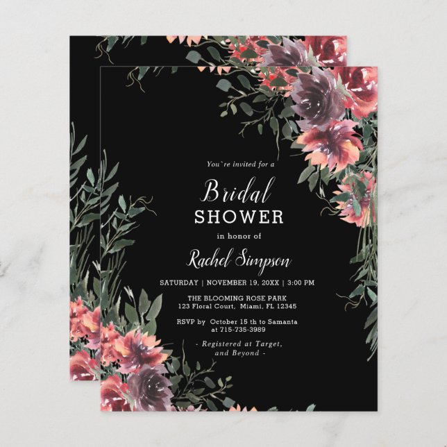  Budget Floral Black Pink Bridal Shower Invitation (Front/Back)