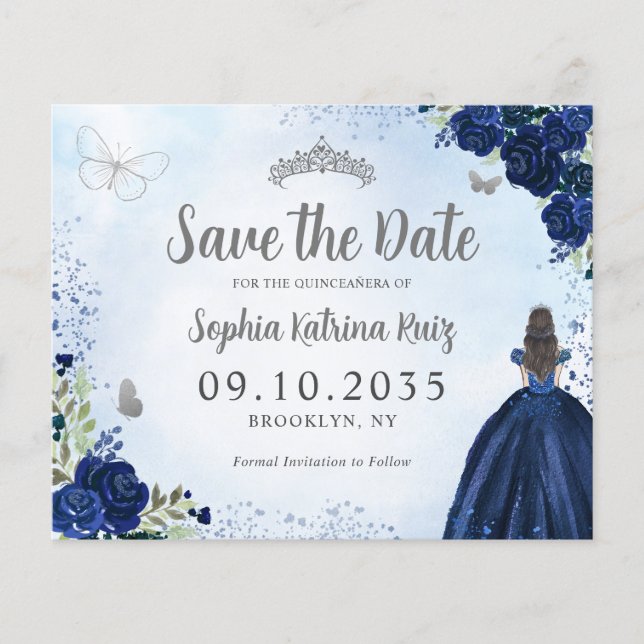 Budget Floral Blue Grey Quinceanera Save the Date (Front)