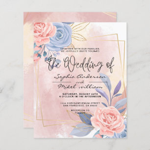 Budget Floral Blue & Pink Brush wedding Invitation