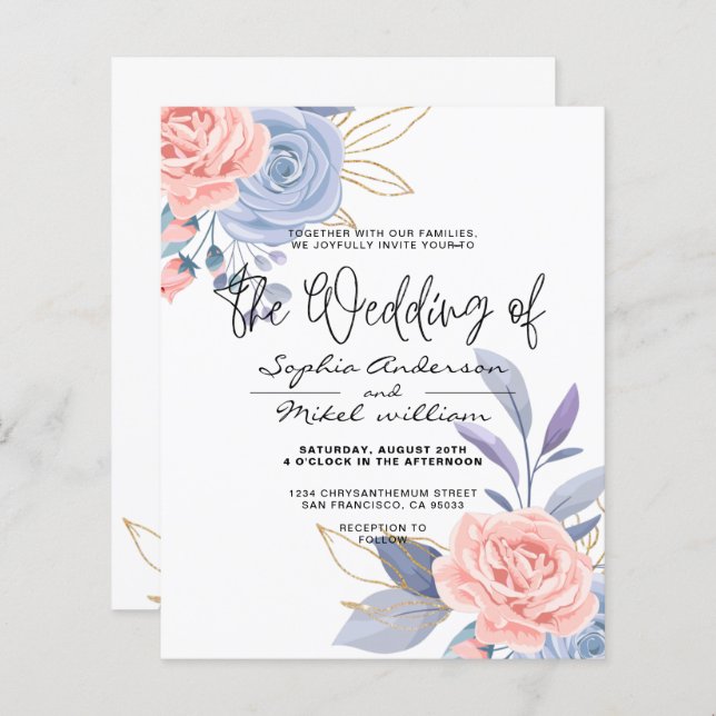 Budget Floral Blue& Pink Golden wedding Invitation (Front/Back)