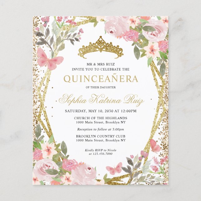 Budget Floral Blush Gold Tiara Quinceañera Invite (Front)