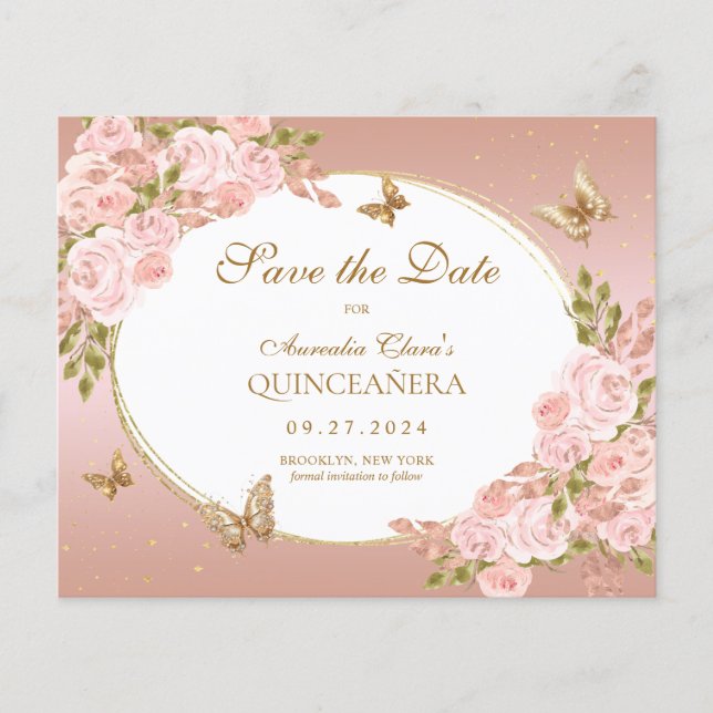 BUDGET Floral Blush Pink Gold Butterfly Mis Quince (Front)