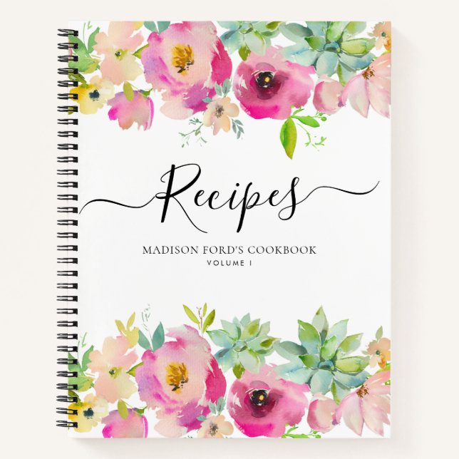 Budget Floral Blush Pink Succulent Kitchen Recipe Notebook (Front)