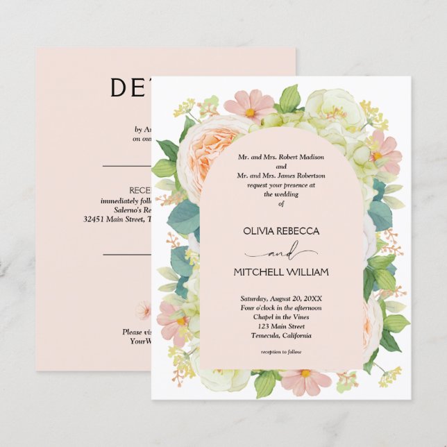 Budget Floral Blush Pink Wedding All in One Invite (Front/Back)