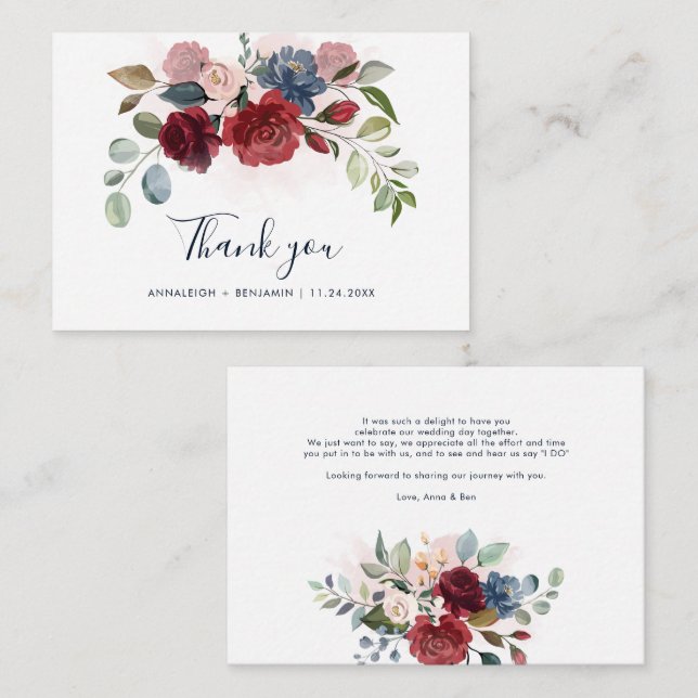 Budget Floral Burgundy Greenery Wedding Thank You Card (Front/Back)
