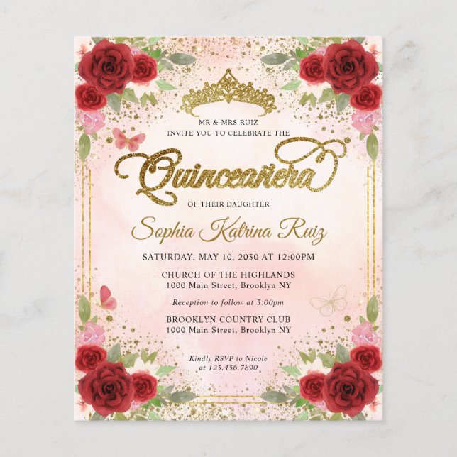 Budget Floral Burgundy Pink Gold Tiara Quinceañera (Front)