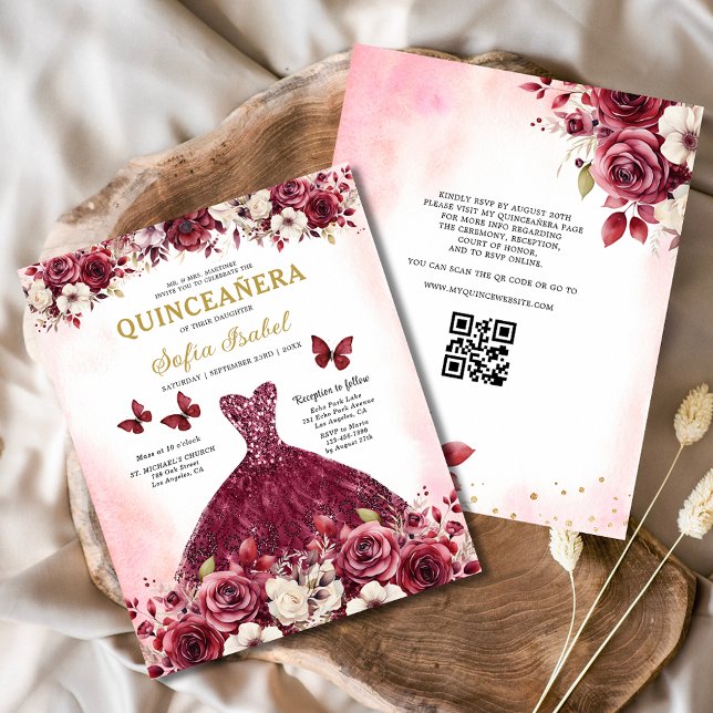 Budget Floral Burgundy QR Code Quinceanera Flyer (Creator Uploaded)