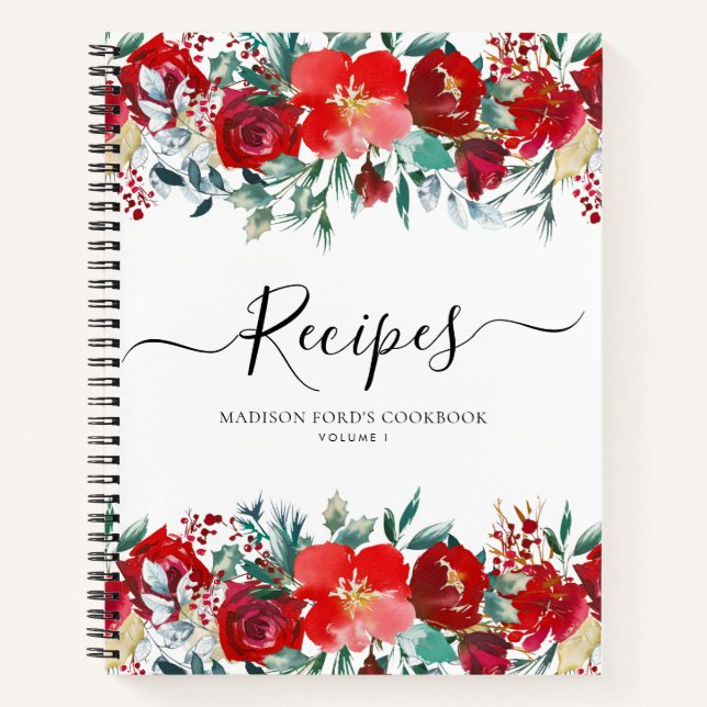 Budget Floral Burgundy Red Holiday Kitchen Recipe Notebook (Front)