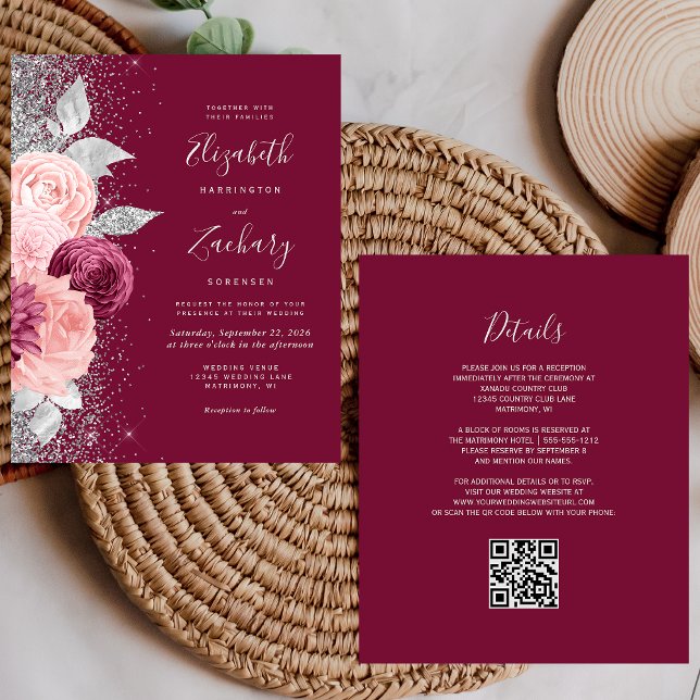 Budget Floral Burgundy Silver QR Code Wedding (Creator Uploaded)