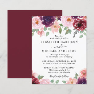 Budget Floral Burgundy Watercolor Wedding Invite