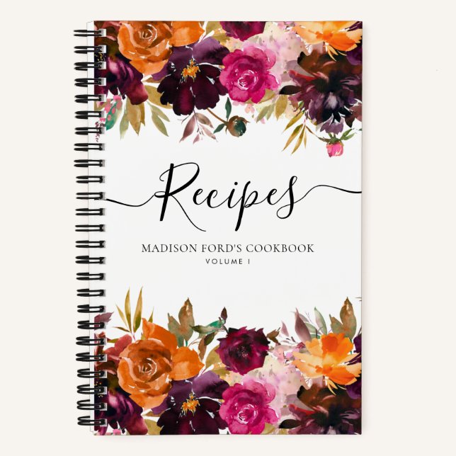 Budget Floral Burgundy Yellow Purple Pink Recipe Notebook (Front)