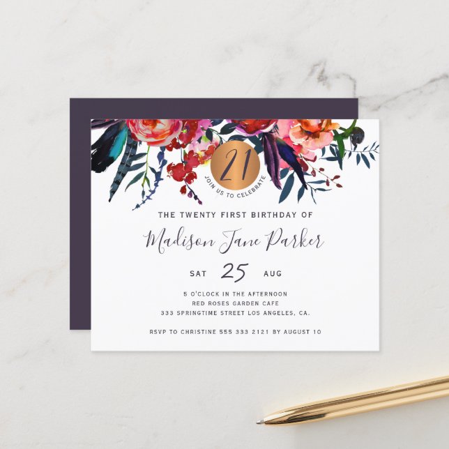 Budget floral chic 21st birthday party invitation (Front/Back In Situ)