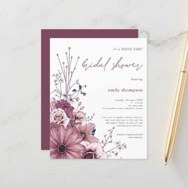 Budget Floral Drive By Bridal Shower Invitation (Front/Back In Situ)