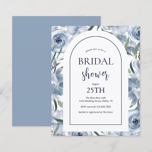 Budget Floral Dusty Blue Bridal Shower Invitation (Front/Back)