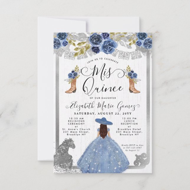 Budget Floral Dusty Blue Silver Charra Quinceanera Card (Front)
