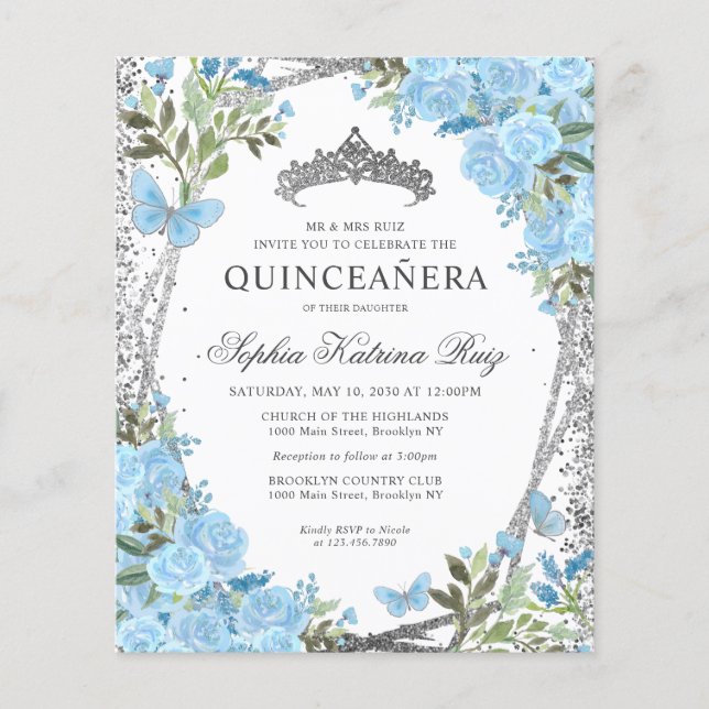 Budget Floral Dusty Blue Silver Quinceañera Invite (Front)
