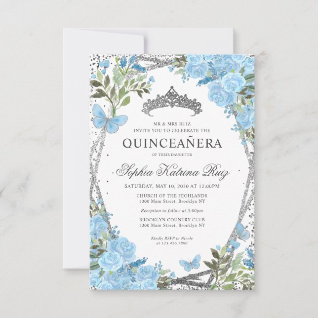Budget Floral Dusty Blue Silver Tiara Quinceañera Card (Front)