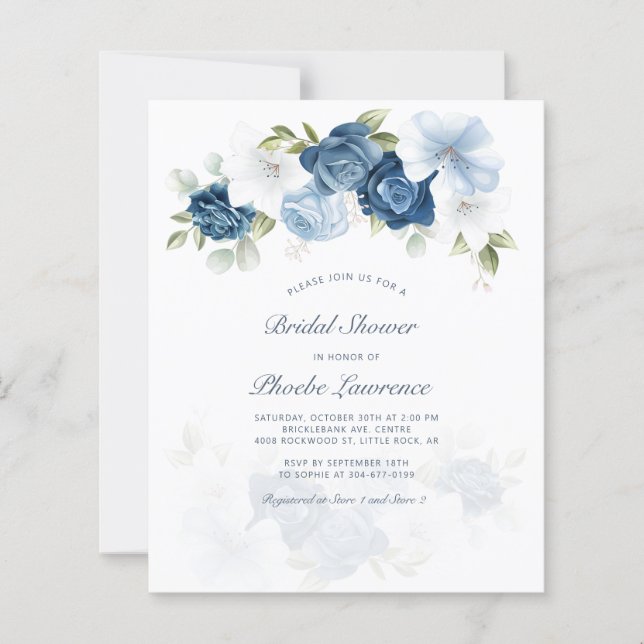Budget Floral Dusty Blue Watercolor Bridal Shower (Front)