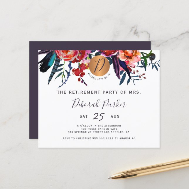 Budget floral elegant retirement party invitation (Front/Back In Situ)