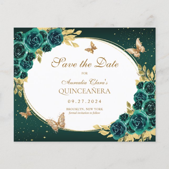 BUDGET Floral Emerald Gold Butterfly Quinceañera (Front)
