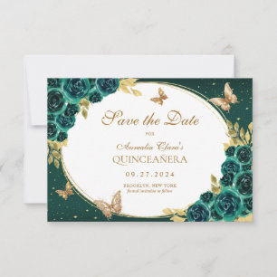 BUDGET Floral Emerald Gold Butterfly Quinceañera Card